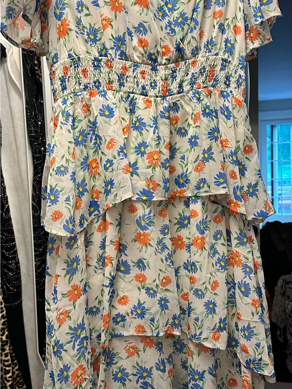 Draper James White Floral Dress with Blue and Orange Blooms